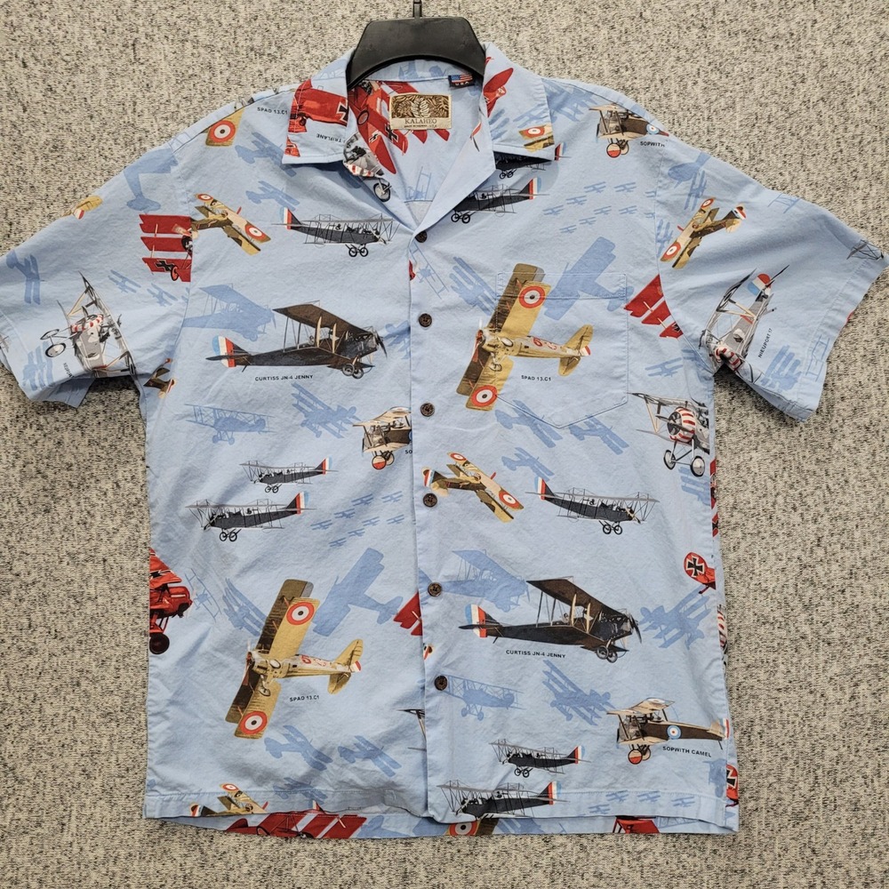 Kalaheo Mens WWI Aviation‎ Biplane Hawaiian Shirt Blue Made in USA Size M